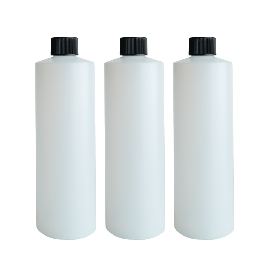 Set of three empty 12 oz (355 ml) injector reservoir bottles with caps