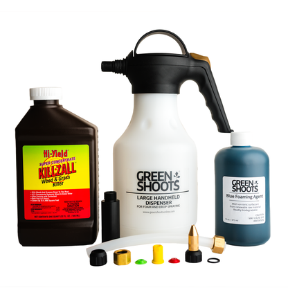 An assortment of items for  Green Shoots® Large Dispenser, including a white handheld dispenser, a bottle of 41% glyphosate herbicide, various nozzles, and blue foaming agent