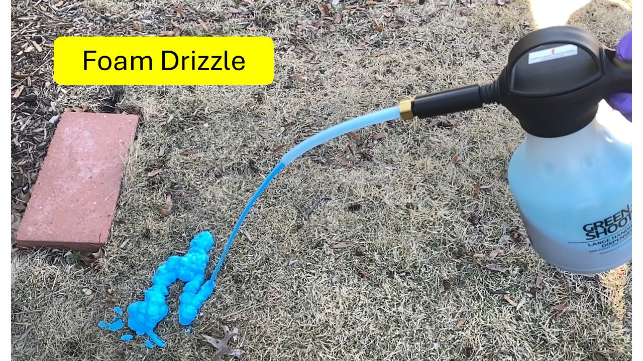Demonstration of hand-held large dispenser releasing a controlled foam drizzle 
