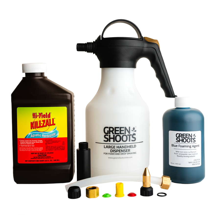 An assortment of items for  Green Shoots® Large Dispenser, including a white handheld dispenser, a bottle of Aquatic glyphosate herbicide, various nozzles, and blue foaming agent