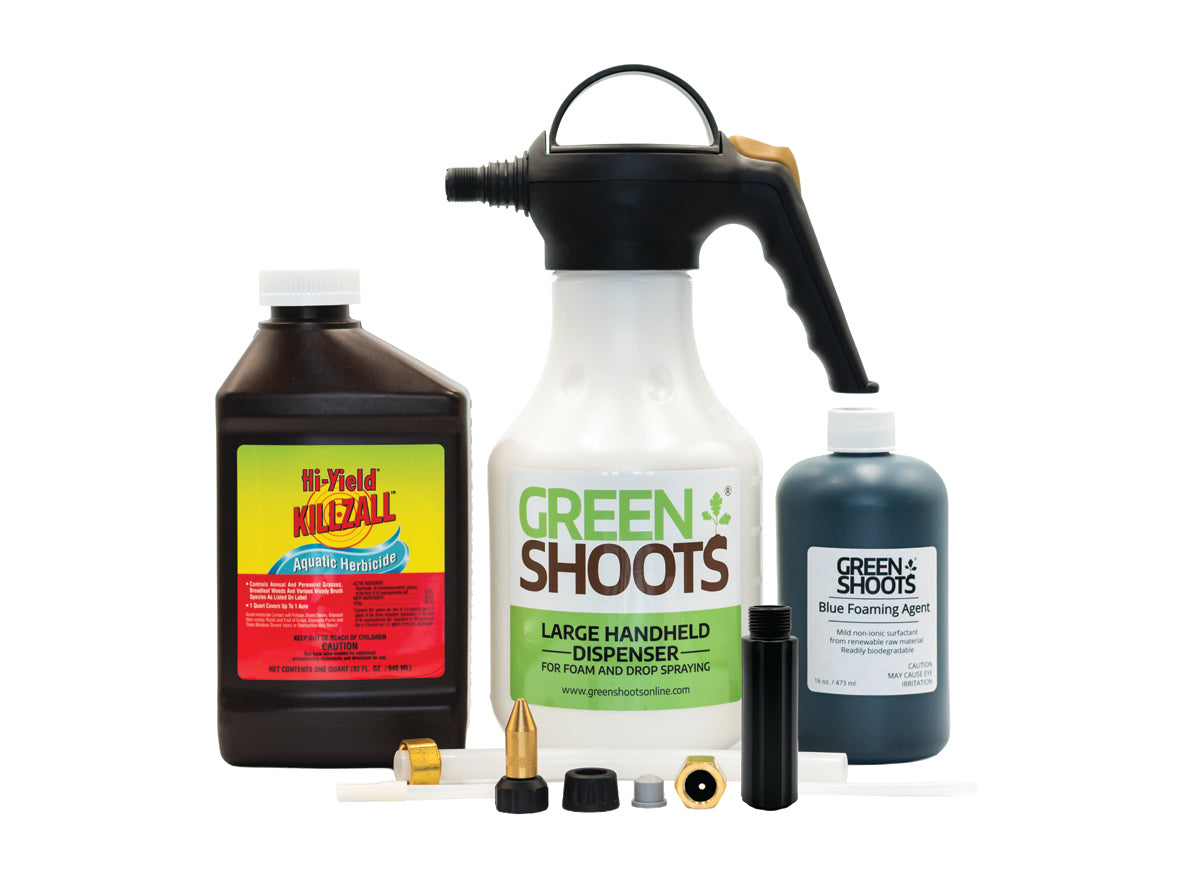 Green Shoots large handheld dispenser, Aquatic herbicide, Green Shoots Blue Foaming Agent and attachments on a white background