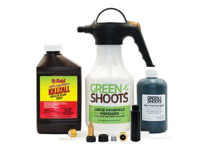 Green Shoots large handheld dispenser, Weed killer herbicide, Green Shoots Blue Foaming Agent and attachments on a white background