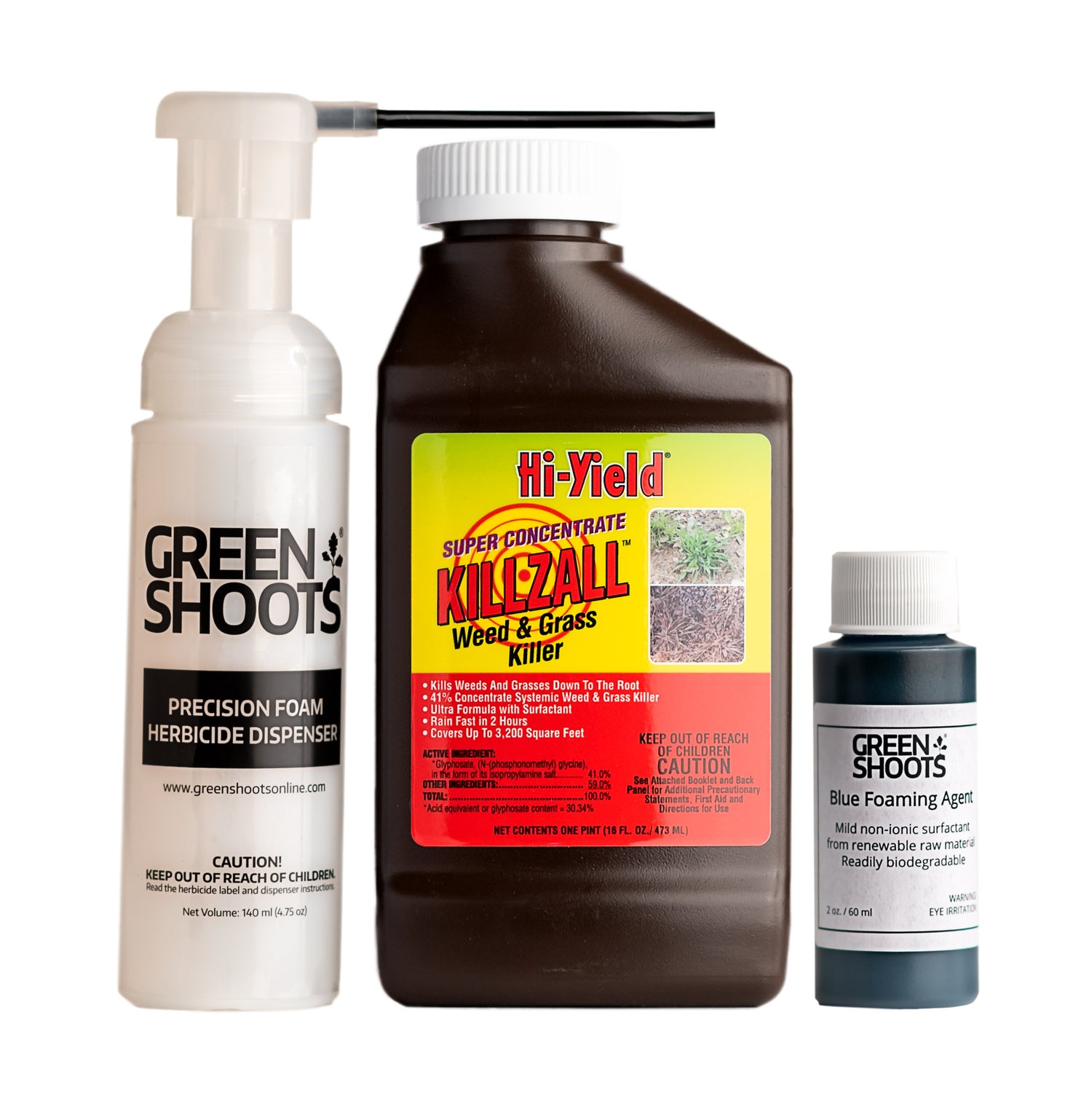 Small kit with precision foam herbicide dispenser, 16 ounce bottle of 41% herbicide, and 2 ounce blue foaming agent