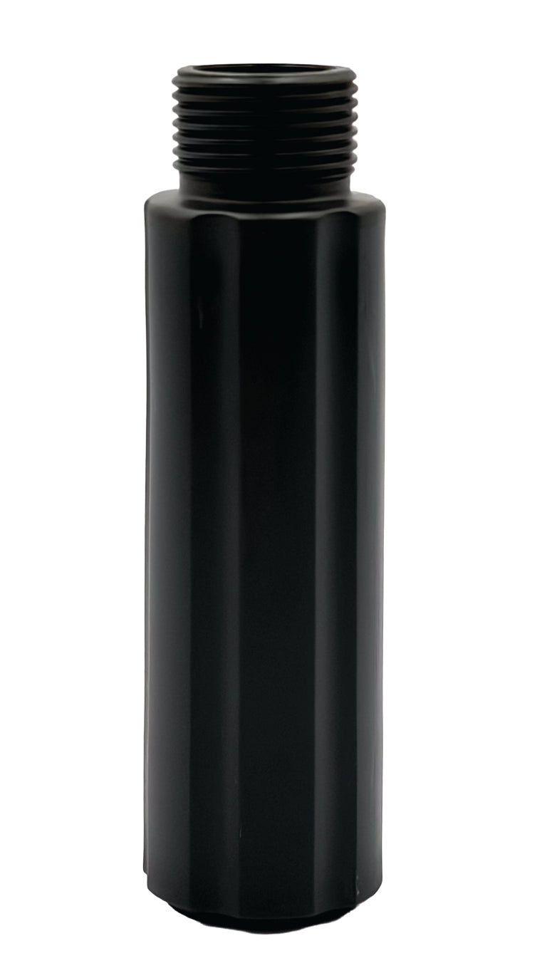Black cylindrical bottle with a threaded cap on a white background