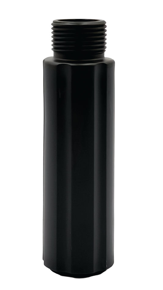 Black cylindrical bottle with a threaded cap on a white background