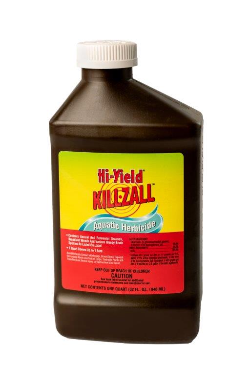 Close-up of a 32 oz bottle of aquatic herbicide concentrate, 54% glyphosate, intended for safe use near water bodies